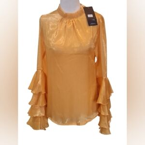 NWT WoWo Yellow/Gold Satin Ruffle Long Sleeve Blouse, Size M